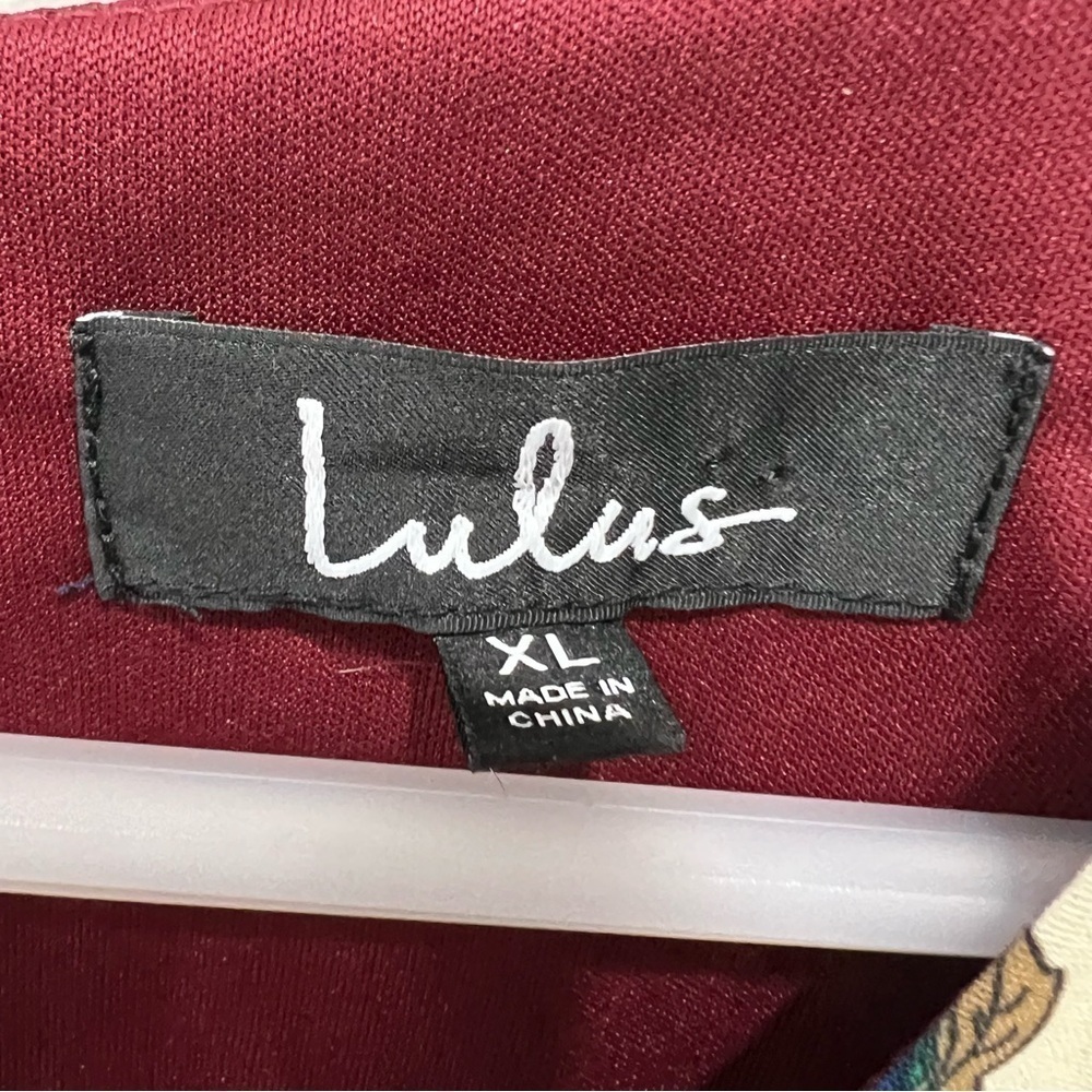 Lulu's Burgundy, Cream & Navy Patchwork Floral Ruffle-Hem Mini Dress - Picture 2 of 12